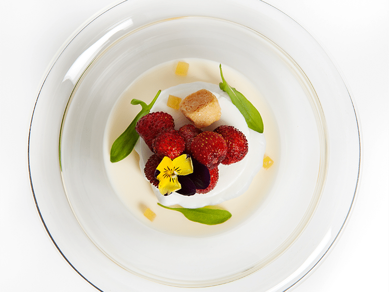 Fraises des bois, Sorbet Mascarpone et Fromage blanc, Panna Cotta au Gingembre confit par Kirk Whittle